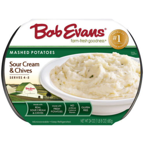 Made with real sour cream & chives. Made with fresh potatoes. No artificial colors or flavors. Gluten free. Farm-fresh goodness. Serves 4-5. No. 1 refrigerated America's Mashed Potatoes (Source: IRI scan sales data total US 52 weeks ending December 1, 2019). Microwaveable. BobEvansGrocery.com. For recipe ideas, visit BobEvansGrocery.com. Made in USA.