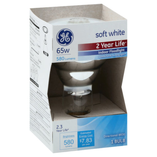 2 year life (Based on 3 hours use per day). Comfortable, inviting light. Estimated Energy Cost: $7.83 per year. Directional BR30. This pack contains a BR30 size bulb. Let GE show you what light can do. From light that lets you see every detail to light that helps you connect with family and friends, from vibrant to gentle - GE's new home lighting solutions make it easy to find the right light for your home. Use original Soft White from GE when you need a light without glare and harsh shadows. Replace ordinary light bulbs with Flood and Spotlight bulbs from GE in all your track and recessed lighting fixtures. Flood lights from GE cast a wider beam that adds drama to fireplaces, kitchen counters and entryways. www.GELighting.com. Visit us on the internet: www.GELighting.com. Made in Hungary. Brightness Quantity: 580 lumens. Energy Info: $7.83 based on 3 hrs/day, 11 cents/kWh. Cost depends on rates and use. 65 watts. Package Info: 1. Voltage: . Bulb Info: Indoor. Is Flood Light. Screw. Bulb Life: 2.3 years based on 3 hrs/day. Bulb Appearance: 2600 k.