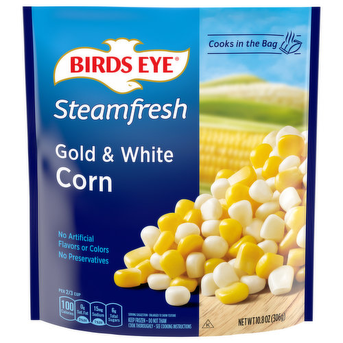 Birds Eye Steamfresh Gold and White Corn Frozen Vegetable makes it simple and easy for the whole family to enjoy their vegetables. This flash frozen gold and white corn was specially selected to provide you and your family with quality vegetables. Birds Eye steamable frozen vegetables make a tasty addition to any meal. Your family deserves the best when it comes to eating vegetables, that’s why there are no artificial preservatives, flavors or colors added. Enjoy frozen corn as a side dish at dinnertime, or incorporate the frozen vegetable into your favorite recipes. Cooking the corn is simple in 10 minutes or less; prepare it on the stove or in the microwave. Keep the 10.8 ounce bag of gold and white corn fresh in the freezer until ready to enjoy. It’s good to eat vegetables, so Birds Eye makes vegetables good to eat.