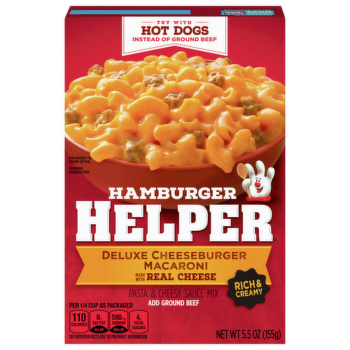 America's favorite Hamburger Helper is made with 100% REAL cheese for the real taste you love most.  Dial up the flavor! Stir in chopped onion just before simmering. Add shredded Cheddar cheese and chopped dill pickles just before serving.