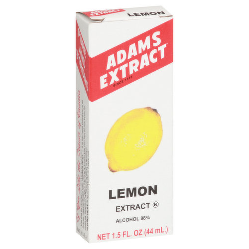 Since 1888. If you like the flavor of vanilla. You will be delighted with Adams Best. It is the most delicious of all flavors. Please compare it with any vanilla you can buy at any price for strength, delicacy of flavor and staying qualities. Pure and strong. Lemon flavor. www.AdamsExtract.com. Adams Best: Pure Vanilla. Lemon. Butter. Almond. Coconut. Maple. Orange. Peppermint. Pineapple. Rum. Strawberry. Clearvan. Food Colors. This package contains recyclable paperboard. alcohol 88%. Made in USA.