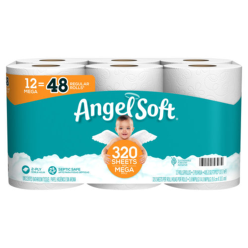 12 mega = 48 regular rolls (Based on number of sheets in Angel Soft Regular Roll). Septic safe. An ideal balance of softness & strength. 1 Mega roll equals 4 regular rolls (based on number of sheets in Angel Soft Regular Roll) for longer lasting rolls and less roll changes. Flushable and septic safe for standard sewer and septic systems. 2-ply with SoftShield layers. Sustainable Forestry Initiative: Certified sourcing. www.sfiprogram.org. Signup for savings and more at angelsoft.com/savings.