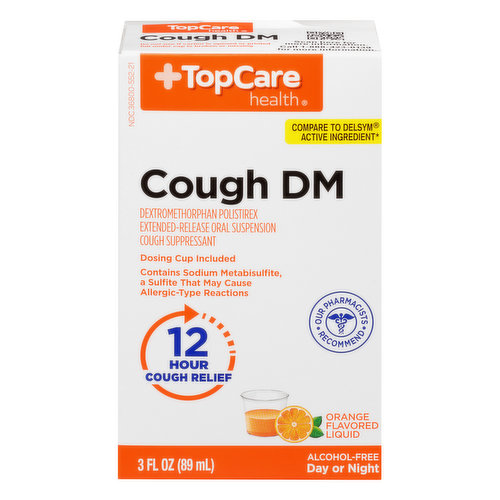 In Each 5 mL Other Information: Each 5 ml Contains: Sodium 5 mg. Store 20 degrees to 25 degrees C (68 degrees to 77 degrees F). Dosing cup provided. Gluten free. Compare to Delsym active ingredient (This is not manufactured or distributed by Reckitt Benckiser, distributor of Delsym). Dextromethorphan polistirex extended-release oral suspension cough suppressant. Dosing cup included. 12 hour cough relief. Our pharmacists recommend. Alcohol-free. Day or night. Quality guaranteed. www.topcarebrand.com Scan here for more food information. Call 1-888-423-0139 for more information. Questions? 1-888-423-0139. Questions or comments? 1-888-423-0139. Also available in grape flavor.
