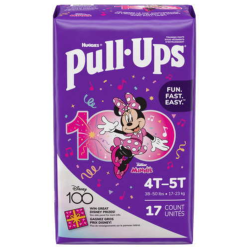 Make potty training fun, fast and easy with Pull-Ups Training Pants! Made with soft and breathable materials, these training pants are extra comfy for your child throughout the day. Pull-Ups training pants are flexible, with an underwear-like fit for easy training and outstanding protection. Not only do they provide all-around coverage, but they also feature stretchy sides that your child can easily move up and down to help them feel like a Big Kid. The refastenable sides make it easy for fast changes, allowing you to keep pants and shoes on your toddler. Plus, the adjustable sides let you customize your child's waistband and easily check for messes! Each pack includes two exclusive music designs featuring Disney's Minnie Mouse, with instrument graphics that fade when wet to help motivate your child to stay dry. Tell the story of how Minnie Mouse loves making music and your child can help keep the music going! Making music with Minnie Mouse comes to life with interactive digital tools and fun extras like an inside-the-box coloring mat. When your child is ready to begin her potty training journey, the Pull-Ups brand can help. Visit the Pull-Ups website for expert potty training tips and resources. We've helped train 60 million Big Kids and counting!* Pull-Ups Girls' Training Underwear are available in sizes 2T-3T (16-34 lbs), 3T-4T (32-40 lbs), 4T-5T (38-50 lbs) and 5T-6T (50+ lbs). (*US and CA)