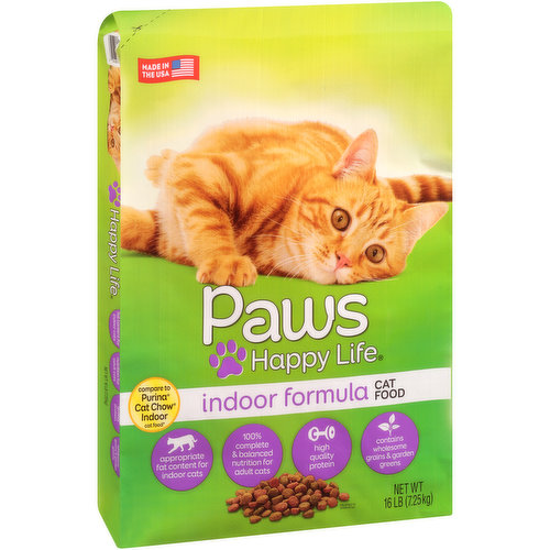 QUALITY GUARANTEE - 100% SATISFACTION OR YOUR MONEY BACK
WE RECOMMEND FEEDING YOUR ADULT CAT WITH THE DAILY GUIDELINES LISTED BELOW:** CAT WEIGHT - 3-6 LBS, AMOUNTS - 1/4 TO 2/3 CUP; CAT WEIGHT - 6-9 LBS, AMOUNTS - 2/3 TO 1 CUP; CAT WEIGHT - 9-12 LBS, AMOUNTS - 1 TO 1-1/3 CUPS; CAT WEIGHT - OVER 12+, AMOUNTS - 1-1/3 CUPS **DAILY AMOUNT USING A STANDARD 8 OUNCE DRY MEASURING CUP. ADJUST TO MAINTAIN PROPER BODY WEIGHT AND CONDITION. +ADD 1/3 CUP FOR EACH ADDITIONAL 3 LBS OVER 12 LBS.
SCAN HERE FOR MORE INFORMATION
FOR SOME CATS THE HOUSE IS THEIR KINGDOM. TREAT YOUR COZIEST FAMILY MEMBER TO PAWS HAPPY LIFE INDOOR FORMULA CAT FOOD, THE GREAT-TASTING SPECIAL BLEND CREATED WITH THEIR ACTIVITY LEVEL IN MIND. THEY'LL THANK YOU WITH A WARM EVENING CUDDLE. BEHIND EVERY POUNCE, PURR, TAIL WAG OR FETCH IS A HAPPY PET. OUR MISSION AT PAWS HAPPY LIFE IS TO HELP MAINTAIN YOUR PETS' HEALTH AND WELL-BEING BY OFFERING AFFORDABLE, QUALITY FOOD, TREATS, TOYS AND ACCESSORIES FOR A HAPPY LIFE.
FEEDING INSTRUCTIONS: WHEN SWITCHING TO PAWS HAPPY LIFE INDOOR FORMULA CAT FOOD FROM ANOTHER CAT FOOD, IT'S A GOOD IDEA TO ALLOW 7 TO 10 DAYS FOR THE TRANSITION. MIX INCREASING AMOUNTS OF PAWS HAPPY LIFE INDOOR FORMULA CAT FOOD WITH DECREASING AMOUNTS OF YOUR CAT'S PREVIOUS FOOD UNTIL YOU ARE FEEDING ONLY PAWS HAPPY LIFE INDOOR FORMULA CAT FOOD. FEEDING RATES SHOULD BE ADJUSTED BASED UPON BREED TYPE, ACTIVITY OR ENVIRONMENTAL CONDITIONS. BECAUSE PAWS HAPPY LIFE INDOOR FORMULA CAT FOOD IS COMPLETE AND BALANCED FOR ADULT CATS, THERE IS NO NEED TO SUPPLEMENT WITH ANY VITAMINS, MINERALS, OILS, SCRAPS OR ANY OTHER PET FOOD. PROTECT THE FOOD FROM MOISTURE - STORE IN A COOL, DRY PLACE. CLOSE PACKAGE TIGHTLY AND STORE AWAY FROM YOUR CAT. REMEMBER TO ALWAYS KEEP FRESH, CLEAN DRINKING WATER AVAILABLE FOR YOUR CAT. HAVE YOUR CAT CHECKED BY A VETERINARIAN REGULARLY.
COPYRIGHT TOPCO SUNA0519
THIS BAG IS COVERED BY ONE OR MORE OF THE PATENTS LISTED ON BAGPATENTS.COM WEBSITE.