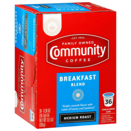 Making a difference cup by cup. Est. 1919. Family owned coffee. Compatible with single-serve brewing systems, including Keurig K-Cup Brewers. We purposefully source the beans of our Breakfast Blend to highlight the full-bodied flavors of South and Central America. We then carefully roast them to bring out notes of honey and hazelnut, developing a rich, smooth flavor that will make the first cup of the day your favorite. Our Story: Over 100 years ago my great-grandfather, Cap Saurage, created the very first batch of our signature coffee. He blended and served a cup so delicious that it became a local favorite. Out of appreciation for his community of friends and customers, Cap named it Community Coffee. Four generations later, we are dedicated to creating a variety of distinctive, full-flavored coffees. We blend and roast each coffee to reach its full potential, giving you a rich, smooth coffee experience every time. - Matt Saurage 4th Generation Owner. Please recycle. Making a Difference: Cup by Cup: We believe it is important to do more than make great coffee. By supporting and giving back to local communities, every cup makes a difference to the people and places that make us Community Coffee. Community Coffee: Cash for schools - 2 points. CommunityCoffee.com/CashforSchools.
