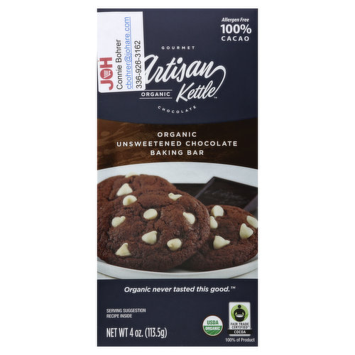 Artisan Kettle Baking Bar, Organic, Unsweetened Chocolate,