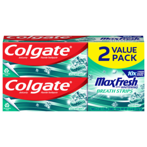 MaxFresh with whitening. 10 x longer lasting cool (Vs. a leading fluoride toothpaste). Recyclable tube. Your community may not yet accept tubes for recycling. Check locally. Learn more at: colage.com/goodness. Save Water: Turn off the tap while brushing. Colgate-Palmolive has built a tradition of sourcing mint from local mint farmers over several generations (Levels of American mint vary). Most people don't know that the great taste of their Colgate toothpaste might have started on a farm not far from where they live. Thank you for helping us support all of our American Mint Farmers. Proudly working with American Mint Farmers.