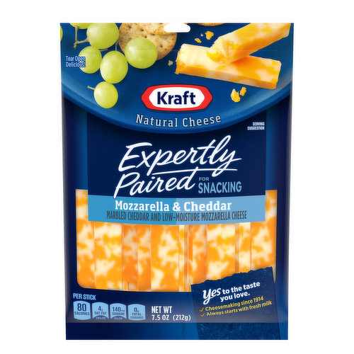 Expertly Paired for snacking. Natural cheese. Marbled cheddar and low-moisture mozzarella cheese. Per Stick: 80 calories; 4 g sat fat (19% DV); 140 mg sodium (6% DV); 0 g total sugars. Yes to the taste you love. Cheesemaking since 1914. Always starts with fresh milk. Leveraging our experience in cheese we've identified two flavors, expertly paired, for a great snacking occasion that you and your family will love. Kraftheinzcompany.com. Kraftheinzcompany.com. 1-800-634-1984, have package available. Kraft Expertly Paired Mozzarella and Cheddar Cheese lets you find out why two cheeses are better than one, as expertly selected cheeses with complementary flavors and textures provide a satisfying snacking experience. With beautifully marbled cheddar and low-moisture mozzarella cheeses, these snack sticks are appealing as they are delicious. The cheese sticks are ideal for anytime snacking. Kraft Natural Cheese always starts with premium quality milk for creamy flavor and contains 80 calories per serving. Pack these easy snacks in your child's lunchbox, or enjoy a cheese stick to curb your hunger between meals. Each 7.5 ounce package contains 10 cheese sticks. Keep refrigerated.