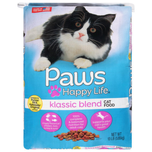 Calorie Content (Calculated): Metabolizable energy (ME) 3,383 kcal/kg; 320 kcal/cup. Nutritional Guarantee: Paws Happy Life Klassic Blend Cat Food is formulated to meet the nutritional levels established by the AAFCO cat food nutrient profiles for maintenance of adult cats.