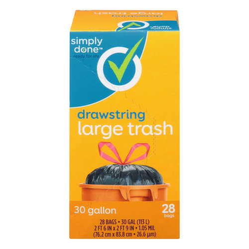 Simply Done Trash Bag, Drawstring, Large, 30 Gallon