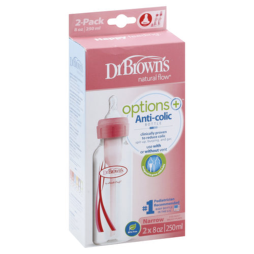 0m+. Level 1. 250 ml. Natural flow. Clinically proven to reduce colic. Spit-up, burping, and gas. Use with or without vent. Designed to grow with baby. No. 1 pediatrician recommended baby bottle in the USA. Narrow. Fits most breast pumps. Happy feeding. Internal Vent System: 1. Air enters the bottle collar and routes directly through the internal vent system. 2. The air channels through the vent tube, bypassing the milk, to the end of the bottle. 3. The vent prevents aeration of the milk, vacuum pressure and nipple collapse. 4. Baby feeds comfortably while milk flows freely, like breastfeeding. The Dr. Brown's vent system reduces air bubble oxidation to help preserve bottle milk nutrients. Vitamin C in Breastmilk. Learn more at nutrientstudy.com. Use with or without vent. Designed to grow with baby. Our bottle works best with the vent system. Clinically proven to reduce colic. Proven to help preserve vitamins. Aids in digestion for a better night's sleep. Flow rate supports breastfeeding. But it's great to have options when baby's feeding develops. Remove vent - no need to introduce a different bottle. Feeding experience similar to most nipple-vented bottles. Helps Reduce Feeding Problems: Our bottles are known for reducing colic, spit-up, burping and gas. Proven to help preserve bottle milk nutrients (Per a university study. Learn more at drbrownsbaby.com/nutrient-study): Vitamins C, A, and E are critical for health in infancy. Vacuum-Free Feeding Helps Digestion: Good digestion is essential for babies, particularly newborns. Fully-Vented Bottle Design: Closest to breastfeeding. Internal Vent System and Silicone Nipple Work Together: Controlled flow so babies feed at their own pace. Additional warnings and instructions inside. Contents: 2 - 8 oz (250 ml). 2 - Level 1 silicone nipples. 1 - Cleaning brush instructions. Complies with EN 14350. drbrownsbaby.com. www.drbrowns.co.uk. drbrownsbaby.com/authentic. drbrownsbaby.com/nutrient-study. nutrientstudy.com. This packaging manufactured with 100% recycled paperboard. See how it works at drbrownsbaby.com. BPA free. Made in China.