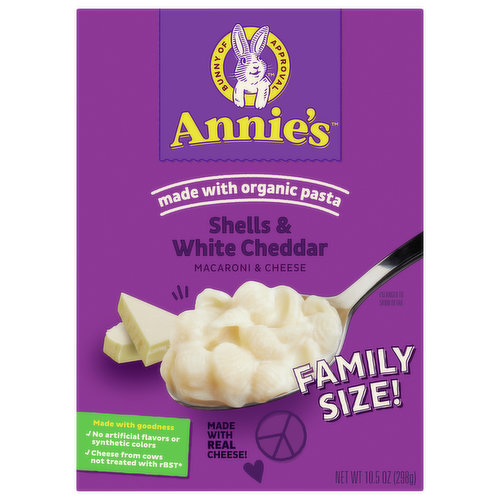 It's hardly surprising that Annie's Shells and White Cheddar Macaroni and Cheese is everybunny's favorite mac! Each bite of this white cheddar mac and cheese is crafted with lots of care and the highest ingredient standards. Made with 10 grams of protein per serving and organic shell-shaped pasta, this real cheese goodness is perfect for lunchtime, dinnertime or anytime you're craving something downright delicious.
