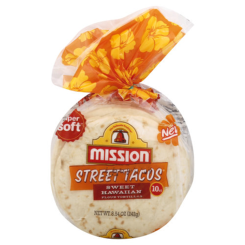 3 g net carbs per tortilla. 60 calories per tortilla. Zero sugar (not for weight control). Zero trans fat. Zero cholesterol. New. Super soft. Mission Street Tacos are now available in your kitchen! Mission brings you the delicious flavor of Sweet Hawaiian to your favorite tortilla. Mission Sweet Hawaiian Street Tacos flour tortillas are perfect for sweet and savory recipes - taco sliders, mini taco cups or any other fun and delicious meal or snack. Kids will love em! missionfoods.com. On social media too! Facebook. Instagram. Twitter. (at)MissionFoodsUS. Questions or comments? missionfoods.com 1-800-600-8226 weekdays 9:00 am to 5:00 pm central time. For great recipes ideas, questions & comments, visit: missionfoods.com.
