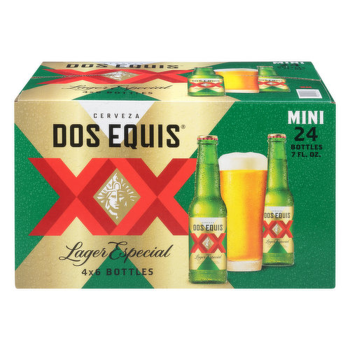 4 x 6 bottles. Imported. Enjoy responsibly. www.dosequis.com. http://heinekenusa.com/brands/. Questions? Call  1-877-522-5001. consumeraffairs(at)cuamoc.com. www.dosequis.com. For further information visit: http://heinekenusa.com/brands/. Please recycle. Recyclable. 4.2% alc./vol. 8.4 Brewed and Bottled by Cerveceria Cuauhtemoc Moctezuma, S.A. De C.V. Monterrey, NL, Mexico. Product of Mexico.