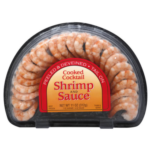 7 oz shrimp. 4 oz sauce. Peeled & deveined. Tail on. Farm-raised product of Thailand.
