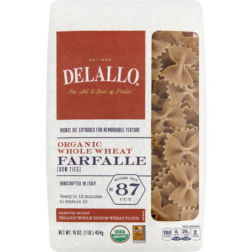 Delallo Farfalle, Organic, Whole Wheat, No. 87 Cut