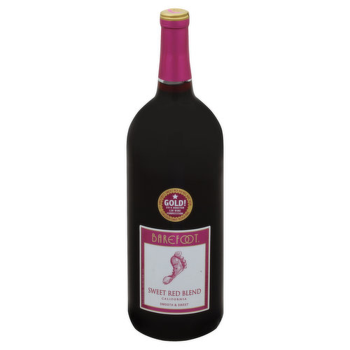 Smooth & sweet. Footnotes: Barefoot Sweet Red Blend is a smooth and sweet red wine blend with luscious aromas and flavors of black cherry and plum. Barefoot Sweet Red Blend pairs well with marinated flank steak, grilled vegetables, and all spicy treats! Red table wine. Barefoot's Sweet Red Blend have won Gold! 2014 Houston LSR Wine Competition. Consistent quality, proven value. barefoot.com. Alc 10.5% by vol. Vinted and bottled by Barefoot Cellars, Modesto, CA 95354.