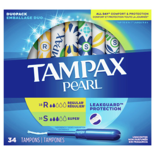 It’s time to Tampax and live your life without limits. Get incredible all day comfort and protection for up to eight hours with Tampax Pearl tampons. Choose from five different absorbencies to match your changing flow. Got leaks? Go up an absorbency. Uncomfortable to remove? Go down an absorbency. Designed with a LeakGuard Braid to help stop leaks before they happen. Tampax Pearl Regular/Super Absorbency provides protection you can feel good about. Free of dyes, perfume, latex*, BPA, and elemental chlorine bleaching. Plus, inserting the tampon is made easy thanks to the applicator’s Anti-Slip Grip, while Tampax FormFit protection lets it gently expand to your individual shape. Ready to ditch the leaks? Get amazing protection with Tampax, the #1 U.S. Gynecologist recommended tampon brand**. Discover your perfect flow combo and get the protection you need.*natural rubber latex**based on 2020 survey