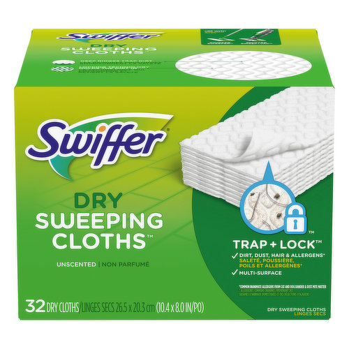 26.5 x 20.3 cm (10.4 x 8.0 in). Trap + Lock: Dirt, dust, hair & allergens (common inanimate allergens from cat and dog dander & dust mite matter); multi-surface. Safe on wood & all finished floors. Use with Swiffer Sweeper; Swiffer Sweep+Vac. Deep ridges trap dirt. Locking technology holds the dirt in. Good Housekeeping: Since 1909. Limited warranty to consumers. Replacement or refund if defective. www.pg.com. www.swiffer.com. Questions? 1-800-214-8734; www.swiffer.com. Visit swiffer.com. Try Swiffer wet mopping cloths refills.