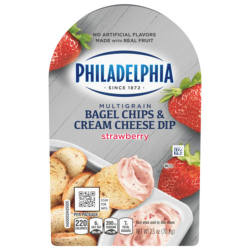 No artificial flavors. Per Package: 220 calories; 6g sat fat (29% DV); 390 mg sodium (17% DV); 7g total sugars. Since 1872. Scan for info. Philadelphia Bagel Chips and Strawberry Cream Cheese Dip is a great way to snack on the go. Enjoy the perfect flavor combination of multigrain bagel chips with a sweet strawberry cream cheese dip. This ready to serve tray makes a delicious snack at home or a quick and easy lunch at work. Just open the convenient serving tray and you're ready to eat. This delicious snack is made with real fruit and no artificial flavors. This 2.5 ounce bagel chip and cream cheese dip snack comes packaged in a sectioned tray to keep the ingredients separate, and it comes sealed so you can bring this individual snack on the go.