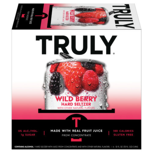 Truly Wild Berry Hard Seltzer blends the naturally sweet flavors of juicy strawberries, raspberries & blackberries. Each can has 5% alc./vol., 100 calories, 1g sugars, 2g carbs, and is Gluten Free. 6 pack, 12 fluid ounce cans.