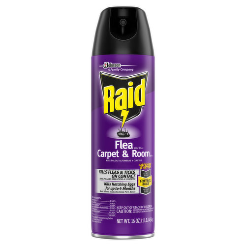 SC Johnson - A Family Company. Kills fleas & ticks on contact. Kills hatching eggs for up to 4 months. Defense system. Attack bugs (Use Raid Flea Killer to kill fleas, ticks and other listed bugs on contact in your home and on your dog. Read the label to find the right product for your bug problem). Control bugs (Use to kill fleas and ticks on contact and hatching eggs for up to 4 months in carpets and upholstery. For heavy infestations, first use Raid Flea Killer Plus Fogger). Prevent bugs (Use a Raid Max Bug Barrier product to keep fleas, ticks and other listed bugs out. Read the label to find the right product for your bug problem). Federal regulations prohibit CFC propellants in aerosols. Contains no CFCs or other ozone depending substances. A family company since 1886 - Fisk Johnson. Defense system. Helps you work smarter, not harder, to fight bugs. Federal regulations prohibit CFC propellants in aerosols. Contains no CFCs or other ozone depleting substances.