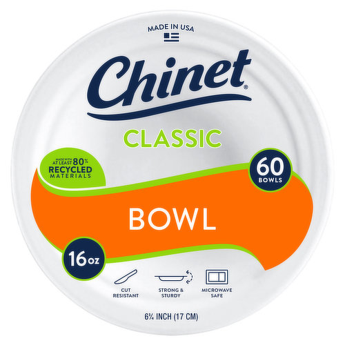 Cut resistant. Strong & sturdy. Microwave safe. Chinet Classic Tableware has been proudly made in the USA for over 90 years. Made with at least 80% recycled materials.