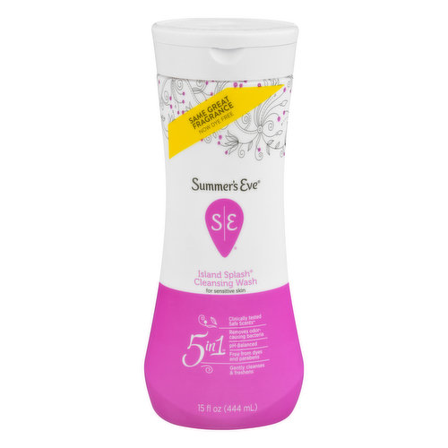 Same great fragrance. Now dye free. For sensitive skin. 5 in 1. Clinically tested safe scents. Removes odor-causing bacteria. pH-balanced. Free from dyes and parabens. Gently cleanses & freshens. 5 Ways to Fresh: No matter what your day brings, you can trust Summer's Eve Cleansing Wash, packed with 5-in-1 freshness. Summer's Eve Cleansing Wash won't dry like soap, and it's pH-balanced to match your body's natural chemistry. And not only does Summer's Eve Cleansing Wash help stop odor, it features gynecologist-tested safe scents - signature scents approved for everyday use. ummerseve.com. Want to chat? Send us an email at summerseve.com or call 866-787-6383. This product is not tested on animals.