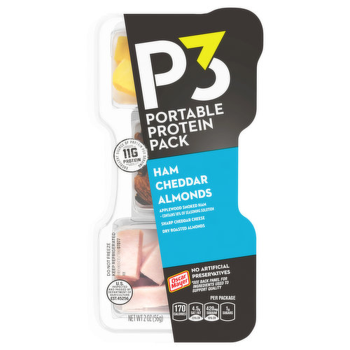 Oscar Mayer P3 Ham, Cheddar & Almonds Portable Protein Packs shake up your snacking routine with a deliciously convenient protein snack pack. Each pack contains snack-sized portions of applewood smoked ham, dry roasted almonds and sharp cheddar cheese. P3 is an excellent source of protein, with 12 grams per serving. Ready to eat right from the fridge, these individual protein snacks are a delicious source of energy when you need a boost. The 2 ounce portable protein packs to go are easy to open and great snacks for hiking. P3 Portable Protein Packs are the more interesting way to get your protein.
