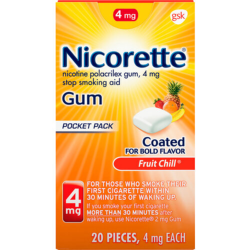 Nicorette Stop Smoking Aid, 4 mg, Gum, Coated, Fruit Chill, Pocket Pack