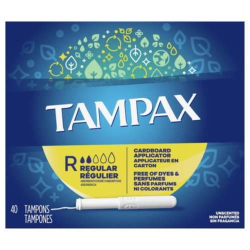 No. 1 U.S. Gynecologist recommended tampon brand (based on a 20202 survey). Free of perfume. Free of elemental chlorine bleaching. Tampon free of dyes. Clinically tested gentle to skin. Tampax Guarantee: 1-800-398-3766. Satisfaction Guaranteed, or your money back. If not satisfied with the performance or Tampax, send original receipt and UPC within 60 days of purchase for a refund via a prepaid card in the amount of your purchase. Limited to one redemption per name, address or household; no organization. Call 1-800-398-3766 for more information. www.tampax.com. how2recycle.info. www.pg.com. Scan me. Questions? 1-800-523-0014. Learn more about your product and its ingredients tampax.com. Made in U.S.A.