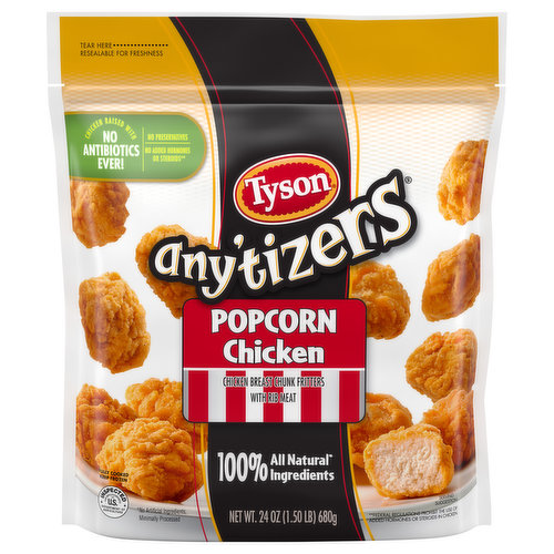 Take snack time to the next level with Tyson Any’tizers Popcorn Chicken. Tyson bite sized breaded chicken bites are made with 100% all natural* white meat chicken, then breaded and seasoned to perfection. Prepare popcorn chicken in an oven or microwave and serve with your favorite dipping sauce. *Minimally processed, no artificial ingredients