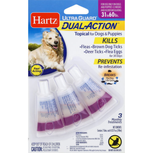3 monthly treatments. For use only on dogs and puppies 12 weeks and older weighing 31 to 60 lbs. Kills fleas; brown dog ticks; deer ticks; flea eggs for 30 days. Prevents re-infestation. Breaks the flea life cycle. Fast acting. For more information call our experts at 1-800-275-1414 (weekdays, 9 am-5 pm EST).