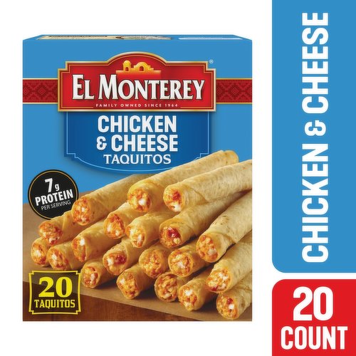 These Mexican appetizers are sure to satisfy cravings! Heat up El Monterey Chicken & Cheese Flour Taquitos for every occasion. Made with real chicken with cheese inside, our taquitos are seasoned with Mexican spices in a fresh-baked tortilla. Try the homemade taste of America's #1 flour chicken taquitos. Great for the whole family, frozen meals cut down prep time, so everyone's hunger is satified fast. Quickly bake these taquitos with frozen chicken in an air fryer or oven temps for a frozen snack in minutes! Our taquitos are perfect on their own or served with salsa, guacamole or queso. Looking for frozen appetizers that can change up your usual toasted cheese bread or chicken melts offerings? El Monterey frozen, ready-to-eat meals are just what you need when you have those nights in. With 7g of protein and zero trans fat, these authentic-tasting El Monterey Chicken & Cheese Flour Taquitos are protein-packed frozen meals you can't forget. Try our full range of premade, Mexican foods to learn why we're America's #1 frozen Mexican food company.