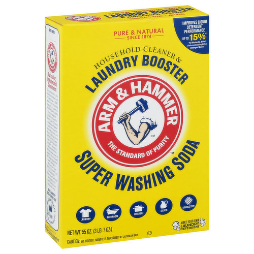The standard of purity. Pure & natural since 1874. Improves liquid detergent performance up to 15% (for mustard & bloodstains vs leading Value Detergent Alone). Make your own laundry detergent. Laundry, bathroom, kitchen, silver, upholstery. Deodorize, Clean, Brighten Simple ingredients, simple solutions. Arm & Hammer Super Washing Soda is a natural detergent booster and freshener and can be used all around the home - not just in the laundry room! Natural cleaning all around the home. Did you know you can make your own laundry detergent? Super Washing Soda is an important ingredient in most do-it-yourself laundry detergent recipes. 100% fragrance & phosphate free. Deodorize, Clean, Brighten: Laundry, kitchen, bathroom, silver, hard water, upholstery and more! Certified Renewable Energy: Green-e - Made with 100% certified renewable electricity. Our Lasting Environmental Commitment: Our commitment to the environment started over 120 years ago, in 1888, when we first introduced bird cards in our Arm & Hammer Baking Soda to encourage the protection of wildlife. Over the past 100 years, we have developed a number of innovative consumer products and industrial applications for purifying drinking water, reducing smokestack emissions, as well as safely and effectively cleaning a wide variety of surfaces. We introduced the first phosphate-free laundry detergent in 1970, and we have continued to provide our consumers with household and personal care products for healthier and more sustainable living. Proud supporter of Arbor Day Foundation. arborday.org.