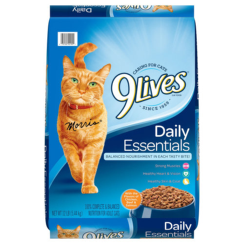 Give your cat the flavors of salmon, chicken, and beef with 9Lives Daily Essentials cat food. Our delicious formula helps support heart health, clear vision, strong muscles, and healthy skin and coat.  It's the great taste they want with the balanced nutrition they need to help provide a long, healthy life.