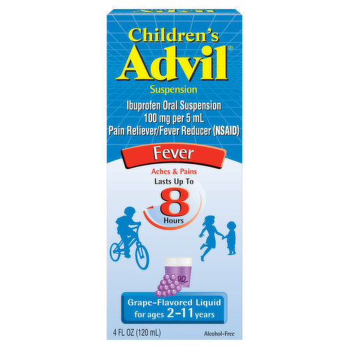 Nothing fights fever faster or longer* than Children's Advil. In just one dose, this kids' fever reducer and pain reliever reduces fever and relieves minor aches and pains due to common cold, headache or teething. Formulated for children ages 2 to 11 years, this liquid pain medicine contains ibuprofen, a pain medication that reduces and controls fever. Just one dose of this liquid pain relief medicine lasts up to eight hours. Advil liquid children's ibuprofen is easy to measure and has a pleasant grape flavor that's easier for kids to take. The medicine in Children's Advil is the #1 pediatrician-recommended active ingredient in a fever reducer/pain reliever.
*Among non-prescription analgesics