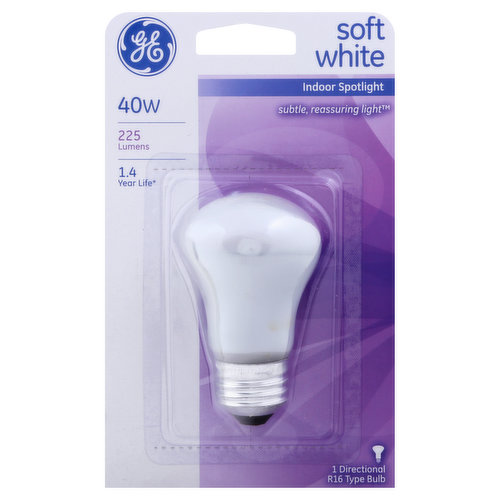 225 Lumens. 1.4 year life (Based on 3 hours use per day). 1 Directional R16 type bulb. Let GE Show You What Light Can Do: From light that lets you see every detail to light that helps you connect with family and friends, from vibrant to gentle - GE's new home lighting solutions make it easy to find the right light for your home. 60-279 Lumens. Subtle, reassuring light. Use original soft white bulbs from GE when you need a light without glare and harsh shadows. GE Spotlights provide direct, focused light that's ideal for accenting everything from artwork to objects inside curio cabinets. Medium base. www.gelighting.com. Visit us on the internet: www.gelighting.com. 800-GE-Light. Made in China.