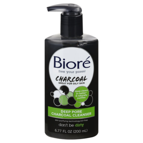 Free your pores! Great for oily skin. Deep cleans 2x better (than a basic cleanser) & naturally purifies. Skin purifying technology/oil-free. Don't be dirty. Let's Face it: Charcoal, a common ingredient found in nature, is known for its ability to draw out impurities and trap them. What it Does: Biore deep pore charcoal cleanser draws out and traps 2x more dirt & impurities than a basic cleanser, purifying pores to leave your face deeply cleaned and your skin tingly-smooth. Pores are twice as clean after just one use. With natural charcoal biore.com. www.facebook.com/bioreskin. Questions? 1-888-Biore-11. Made in Canada.