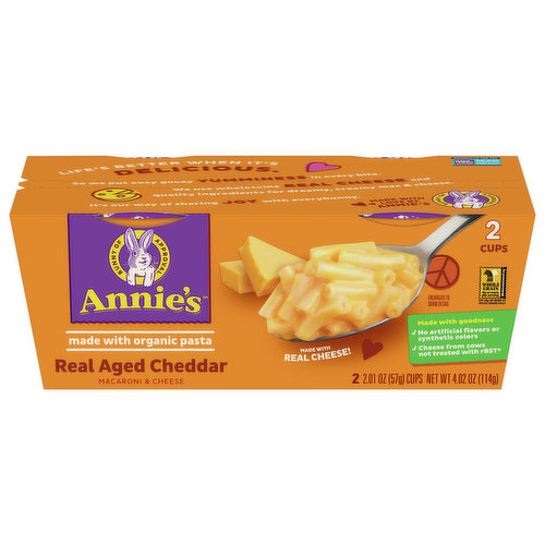 Annie's Real Aged Cheddar & Organic Pasta Microwaveable Mac & Cheese cups have all the creamy, dreamy yumminess you could ask for. Made with organic pasta, real cheese, and zero compromise on taste, it's the perfect anytime meal addition when you want something wholesome and downright tasty. Best of all, it's ready in minutes. Simply remove the lid and cheese packet, add cold water to the fill line, stir, microwave on HIGH for two minutes, and stir in the cheese packet. Careful, the cup and pasta will be hot! This Annie's Mac and Cheese contains no artificial flavors or synthetic colors.Annie's makes products in over 20 family-friendly categories — from fruit-flavored snacks and cereal to mac & cheese. For busy bunnies and families on the go, we help make life a little easier and more delicious by sweetening up packed lunches or by adding to a savory, yummy dinner. Annie’s is devoted to spreading goodness through nourishing, tasty foods and kindness to the planet.
