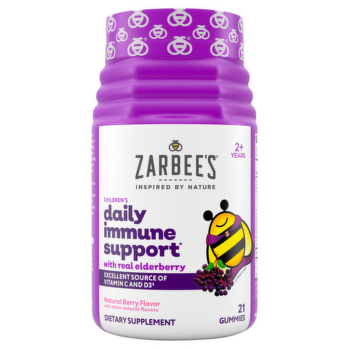 Zarbees Kid’s Daily Immune Support* Gummies with Real Elderberry contain vitamins A, C, D, E & zinc for immune support.* This supplement contains nutrients, antioxidants, & flavonoids, which provides additional immune support.* Our great-tasting, easy-to-chew, natural berry flavor gummies are safe & effective for kids ages 2+ and can be consumed daily. They are gelatin-free & 100% vegetarian - we use pectin from natural sources like apples to create the soft, springy texture. Our gummies are made from carefully selected ingredients inspired by nature — free of drugs, alcohol, artificial sweeteners, and high fructose corn syrup. Zarbee’s is the #1 Pediatrician Recommended Immune Support Brand & the #1 Selling Immunity Brand for Kids. ?For ages 4 & older who take two gummies. *These statements have not been evaluated by the Food and Drug Administration. This product is not intended to diagnose, treat, cure, or prevent any disease.