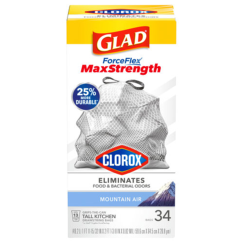 Glad ForceFlex Clorox Trash Bags, Drawstring, Large, Mountain Air - 25 bags