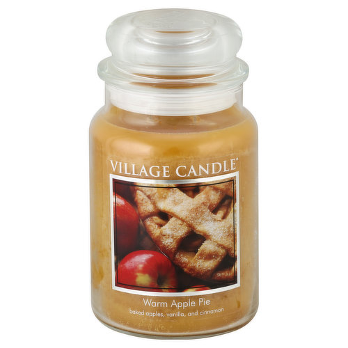 26 fl oz. Baked apples, vanilla, and cinnamon. Approx. burn time is up to 170 hours. www.villagecandle.com. Made in Wells, Maine USA.