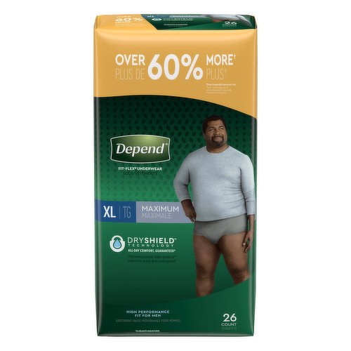 Protect against bladder leaks with Depend Fresh Protection Adult Incontinence Underwear for Men with Maximum Absorbency—for all day protection guaranteed*. Leaks don’t stand a chance thanks to a super absorbent core which absorbs 25x its weight, turns liquid into gel, and neutralizes odors. Our technology features a liner that keeps you dry throughout the day by wicking wetness away from your skin. Comfortably live your life with incontinence underwear that features a discreet fit, soft and smooth fabric, and a high-performance waistband that helps keep underwear securely in place. Find your fit with four sizes sizes—small/medium (26–34" waist), large (35–43" waist), extra-large (44–54" waist) and extra-extra-large (55–64" waist)—in a neutral grey color. Depend incontinence products are also HSA/FSA-eligible in the U.S. Also check out our Depend Night Defense Adult Incontinence Underwear for Men to protect against nighttime bladder leaks! *If you’re not completely satisfied with the fit of your Depend incontinence underwear, we can help. Purchase by 12/31/24. Mail in by 1/31/25. Online access required. Limit 1 per household. Original receipt/UPC required. Restrictions apply. See Depend website for details.