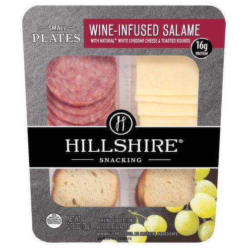 Wine-infused salame, natural white cheddar cheese, and crisp toasted rounds come together in Hillshire Snacking Small Plates for a grown-up twist on snack time. Our Wine-Infused Salame Small Plate meat snack features chef-curated ingredients and flavors such as the spice of cured salame and rich notes of garlic for a truly elevated snacking experience. Try pairing with a fruity Sauvignon Blanc to further enhance the flavors of the savory salame and sharp white cheddar. Perfectly portioned for snacking on-the-go, our Wine-Infused Salame Small Plate has 16 grams of protein in each ready-to-eat serving. Includes one 2.76 ounce package. We’re big believers in a little thing called snack time. To us snacking is not about rushing or mindless eating. It’s about turning a few stolen moments into an elevated celebration that deserves to be savored. We’re here to turn snacking into an occasion, and you’re invited.