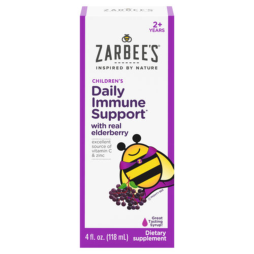 Zarbees Kid’s Daily Immune Support* Syrup with Real Elderberry contains an excellent source of vitamin C & zinc to support the immune system.* It contains nutrients, antioxidants, & flavonoids, which provide additional immune support.* Made with real elderberry extract, our syrup is safe & effective for toddlers & kids ages 2+. This great-tasting, natural elderberry flavor liquid can be consumed daily. Our syrup is made from carefully selected ingredients inspired by nature — free of drugs, alcohol, artificial sweeteners, artificial flavors, dyes, and gluten. Zarbee’s is the #1 Pediatrician Recommended Immune Support Brand & the #1 Selling Immunity Brand for Kids. Check out our complete range of products that are made from carefully selected ingredients inspired by nature and backed by science. *These statements have not been evaluated by the Food and Drug Administration. This product is not intended to diagnose, treat, cure, or prevent any disease.