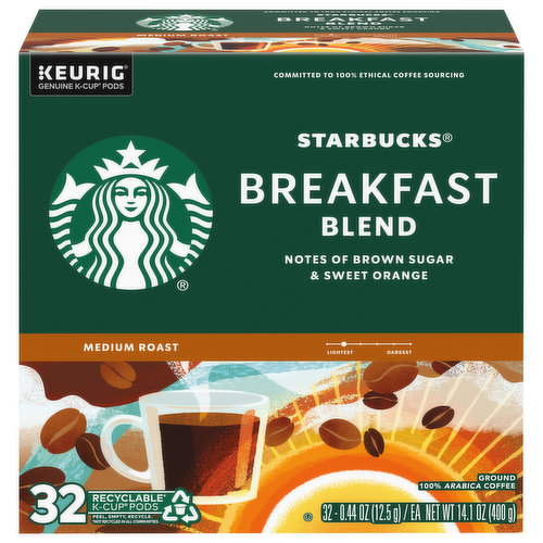 Keurig - Genuine k-cup pods. Notes of brown sugar & sweet orange. Lightest. 100% Arabica coffee. The Story of Breakfast Blend: We introduced this blend in 1998 for those who prefer a milder cup. A shade lighter than most of our offerings-more toasty than roasty-it was the result of playing with roast and taste profile together for a flavor that appealed to a wider range of palates. Perfect if you want to wake up to a less intense coffee but still want a lot of character, it's light and lively with a soft sweetness. Only Genuine K-Cup Pods are optimally designed by Keurig for your Keurig coffee maker to deliver the perfect beverage in every cup. The Starbucks Roast: Each coffee requires a slightly different roast to reach its peak of aroma, acidity, body and flavor. We classify our coffees in three roast profiles-Starbucks blonde roast, medium and dark - so finding your favorite is easy. Recyclable (Not recycled in all communities) K-Cup pods. Peel; empty; recycle. Peel: Starting at puncture, peel lid and dispose. Empty: Compost or dispose of grounds. (Filter can remain). Recycle: Check locally (Not recycled in all communities) to recycle empty cup. Visit Keurig.com/recyclable to learn more. Committed to 100% Ethical Coffee Sourcing in partnership with Conservation International. Learn more about Starbucks sustainable and ethical sourcing practices athome.starbucks.com/ethical-sourcing. Starbucks Rewards: Join today: Starbucks.com/morestars.
