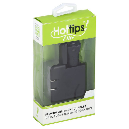 2.4A car charger; 2.4A wall charger. Pop out car plug. Fast charge! 2-in-1 compact charger. Car plug storage. Speed & safety certified. Wall outlet. Dual USB ports. Charge your devices quickly and safely from anywhere with this travel size 2-in-1 charger. 12 watts. Colorado company. Hottipsusa.com. Scan QR code for more info. Features: 2.4A car plug; 2.4A wall outlet; Travel size; All-in-one charger; Surge protection. Limited lifetime warranty inside or scan QR code. (Hottips will repair or replace electrical devices damaged by electrical charge while properly connected to this charger up to $3000. Scan QR code or see directions inside for details.). Designed in Colorado, USA. Made responsibly in China. Made in China.