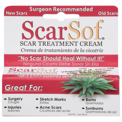 Surgeon recommended. New scars. Old scars. No scar should heal without it! Great for: Surgery; stretch marks; burns; injuries; acne scars; sunburns. With vitamins A/E, emu oil aloe vera, lanolin cocoa butter. Soothing formula. ScarSof is the original scar treatment cream. ScarSof's proprietary blend is formulated with the finest natural ingredients such as aloe vera, cocoa butter, emu oil, lanolin and vitamins A and E for excellent skin healing properties. Apply ScarSof on closed wounds to help soften, smooth, and reduce appearance of scars.